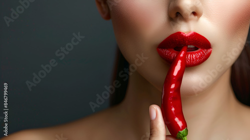 Red woman lips holding hot chili peppe copy space ai generative photo