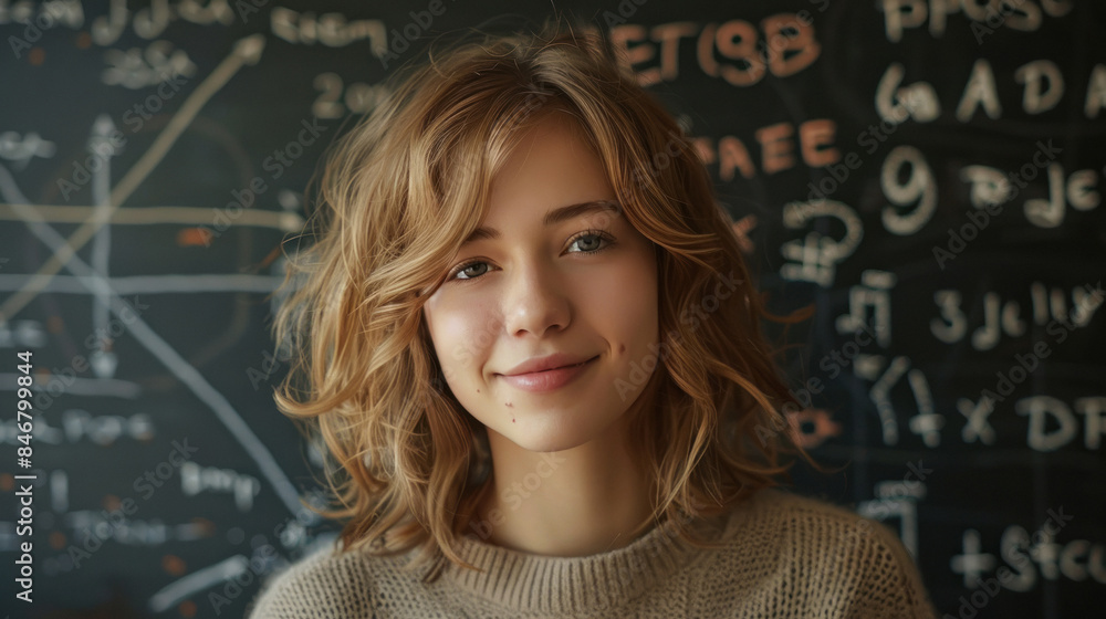 young female teacher standing in front of a blackboard young female teacher standing in front of a blackboard