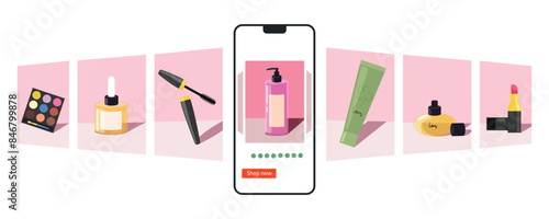 Vector illustration of online shopping.Cartoon scene of a smartphone with the inscription shop now,various cosmetics:eyeshadow palette, face serum, mascara, body cream, face cream, perfume, lipstick.