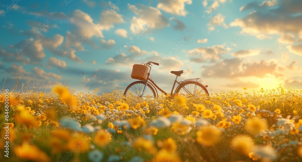 Naklejka premium A bicycle in a field of flowers