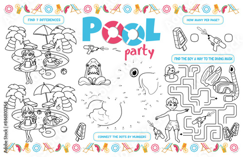 Festive placemat for children. Printable activity sheet "Pool party" with a labyrinth, connect the dots, find the difference. 17x11 inch printable. Vector file
