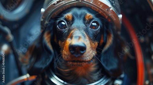 A dachshund dog wearing a spacesuit, looking directly at the camera with wide eyes. photo