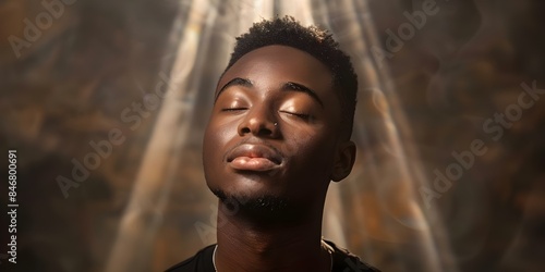 African American man in prayer with divine light shining down. Concept Spiritual Photography, Devotional Portrait, Divine Light, Religious Photoshoot, Faithful Moments