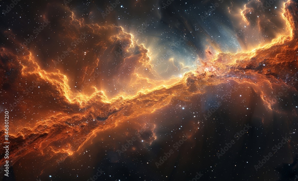 Fototapeta premium A breathtaking view of a celestial landscape, featuring deep red and orange clouds and bright white stars.