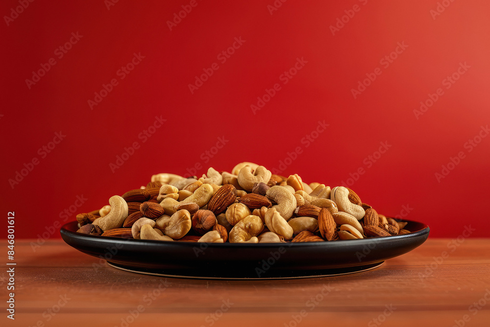 Almonds and cashews in bowl on red background Almonds and cashews in bowl on red background