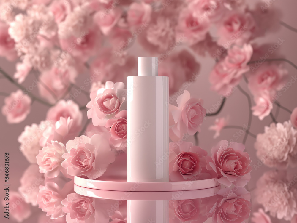 Ai Generated Art a Mockup of White Blank Product Bottle Container on a Stand Against Pink Background and Pink Roses in the Background