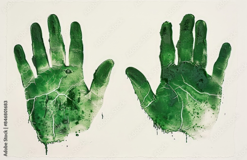 Two green hand prints on a white background. Two green hand prints on a white background.