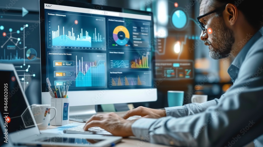 analyst uses a computer and dashboard for data business analysis and Data Management System. analyst uses a computer and dashboard for data business analysis and Data Management System.