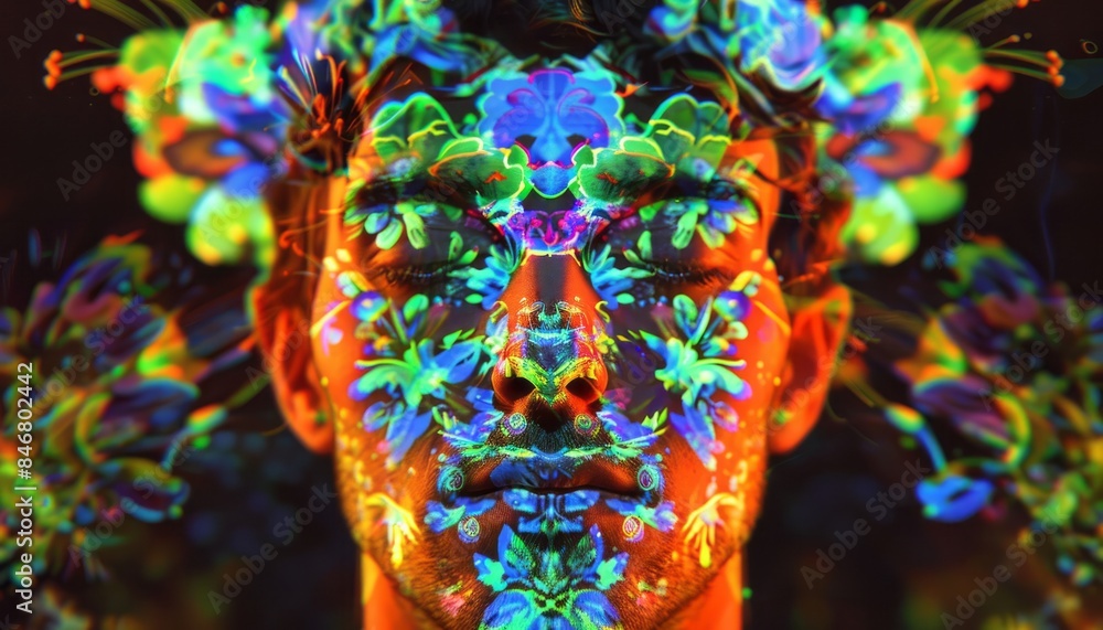 Person With Colorful Floral Face Paint Under Black Light