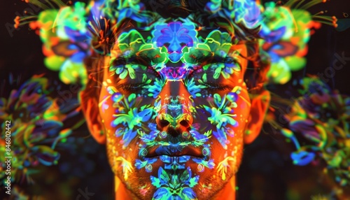 Person With Colorful Floral Face Paint Under Black Light © DigitalMuseCreations