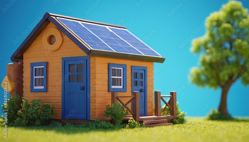 Blue house with solar panel roof for alternative ecofriendly electricity energy Blue house with solar panel roof for alternative ecofriendly electricity energy