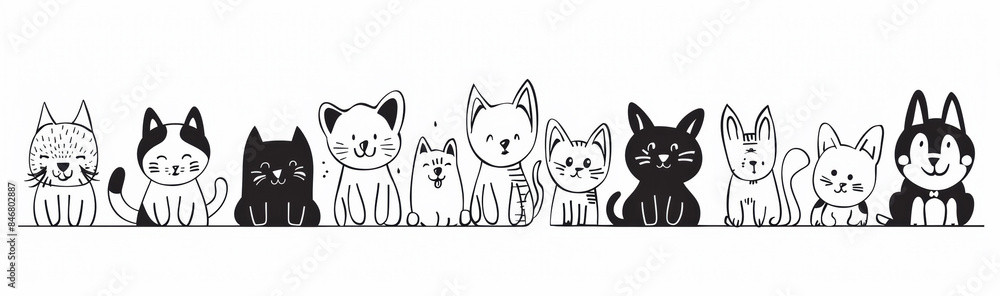 Fototapeta Happy dog and cats minimalistic kids drawing, ink line art style in black and white.