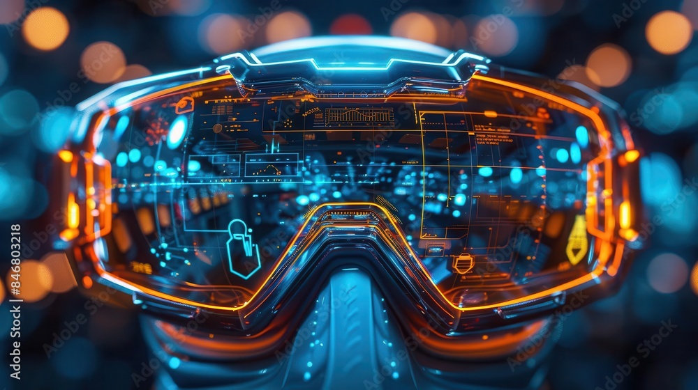 Futuristic VR headset with glowing lights and digital display. Futuristic VR headset with glowing lights and digital display.