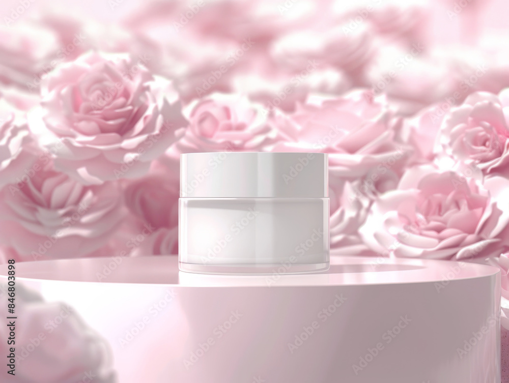 Ai Generated Art Closeup Mockup of White Face Creme Product Jar Without No Label on a Stand Against Pink Background and Pink Roses in the Background Ai Generated Art Closeup Mockup of White Face Creme Product Jar Without No Label on a Stand Against Pink Background and Pink Roses in the Background