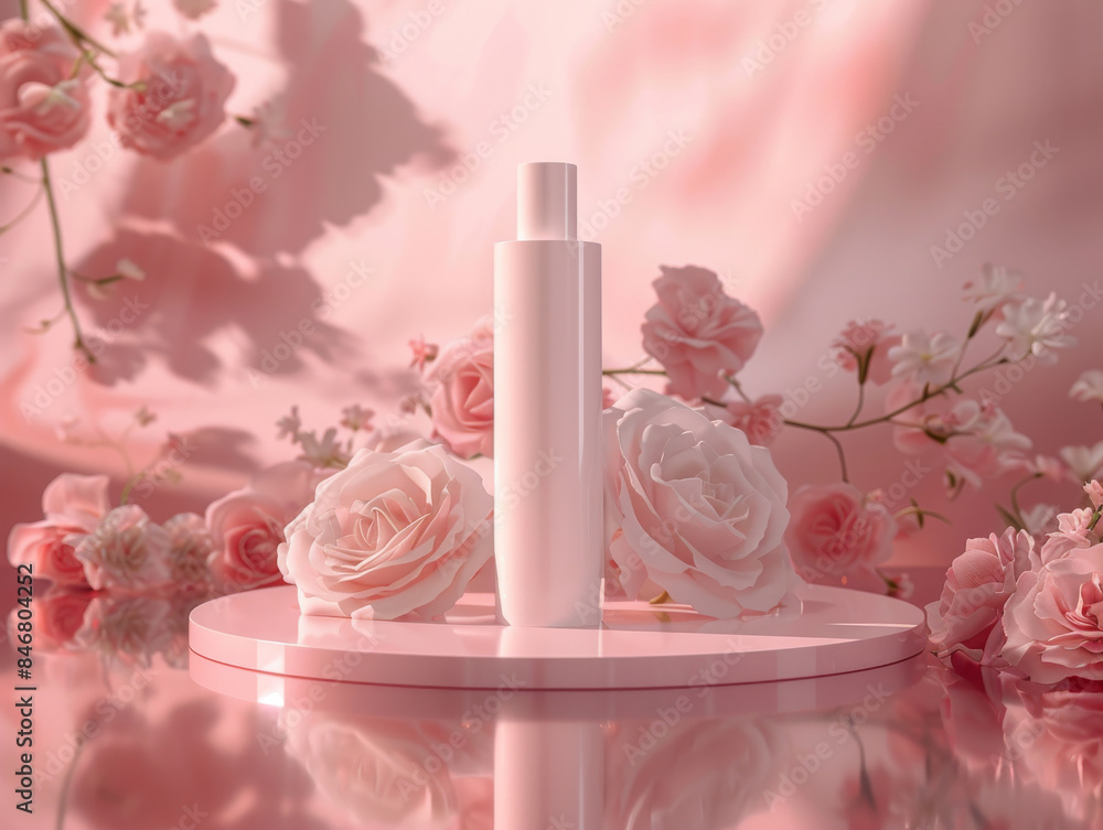 Ai Generated Art Mockup of a White Tall Blank Product Bottle Container Against Reflective Pink Background and Pink Roses in the Background Ai Generated Art Mockup of a White Tall Blank Product Bottle Container Against Reflective Pink Background and Pink Roses in the Background