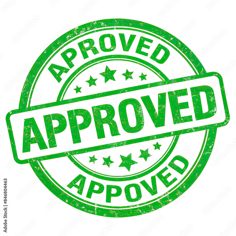 A green rubber stamp with the word APPROVED in bold lettering, surrounded by a circle of smaller APPROVED text and stars, on a white background. Generative AI A green rubber stamp with the word APPROVED in bold lettering, surrounded by a circle of smaller APPROVED text and stars, on a white background. Generative AI