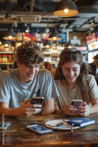 Boy and a girl teenage friends are laughing sitting at a table in a busy coffee shop browsing social media on their smartphones