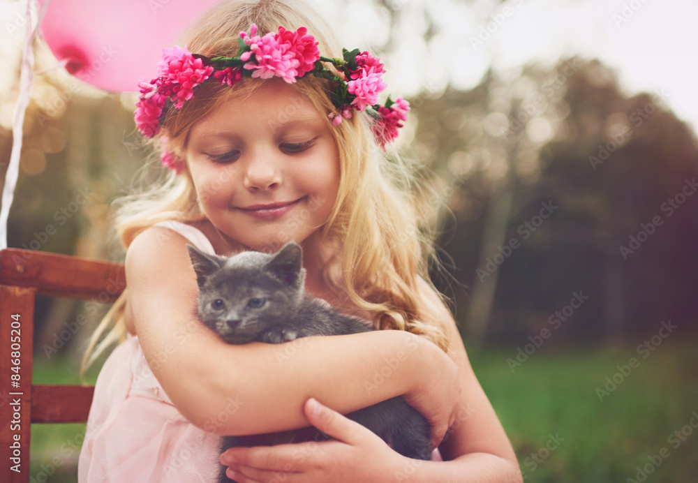 Girl, relax and hug with kitten for love or furry companion for comfort, friendship and growth or development. Kid, flower crown and cute animal in nature with affection, bonding and playing. Girl, relax and hug with kitten for love or furry companion for comfort, friendship and growth or development. Kid, flower crown and cute animal in nature with affection, bonding and playing.
