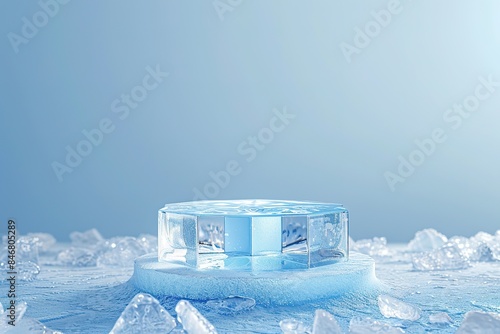 Cool ice cube podium stage. blue background with winter product display empty presentation