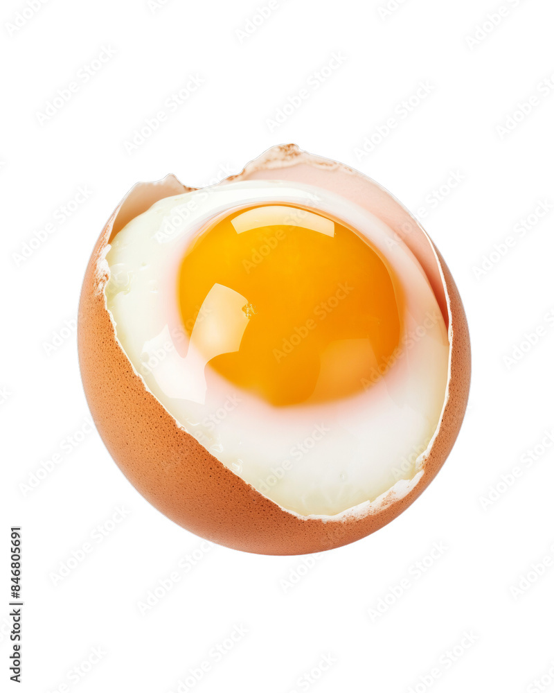 Close-up of a cracked egg with a sunny yolk and set white, isolated on a white background, ideal for cooking or breakfast concepts. Close-up of a cracked egg with a sunny yolk and set white, isolated on a white background, ideal for cooking or breakfast concepts.