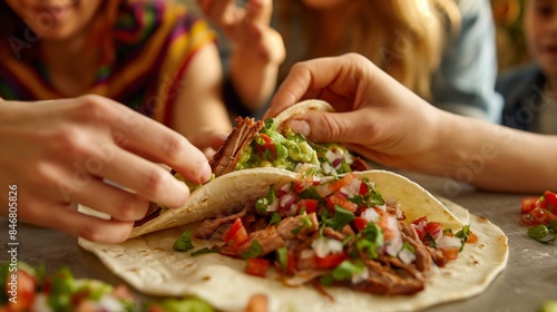 A close-up shot of a woman's hands as she expertly assembles a taco, layering succulent meat, vibrant salsa, 