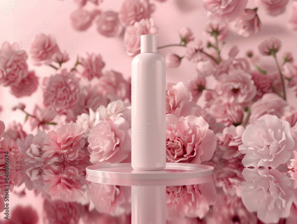 Ai Generated Art Mockup of White No Label Bottle Container Centered on Reflective Blush Pink Background and Bright Pink Roses in the Background Ai Generated Art Mockup of White No Label Bottle Container Centered on Reflective Blush Pink Background and Bright Pink Roses in the Background