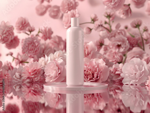 Ai Generated Art Mockup of White No Label Bottle Container Centered on Reflective Blush Pink Background  and Bright Pink Roses in the Background