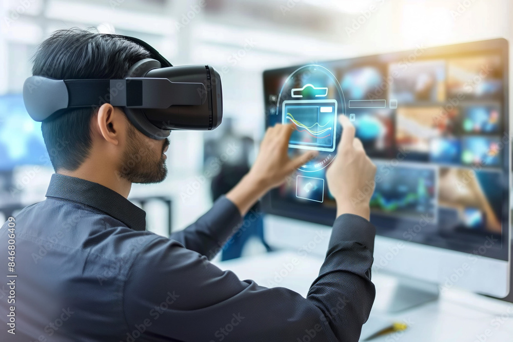 A male employ wearing a virtual reality headset, holographic screen A business woman working on a futuristic project using augmented reality A male employ wearing a virtual reality headset, holographic screen A business woman working on a futuristic project using augmented reality
