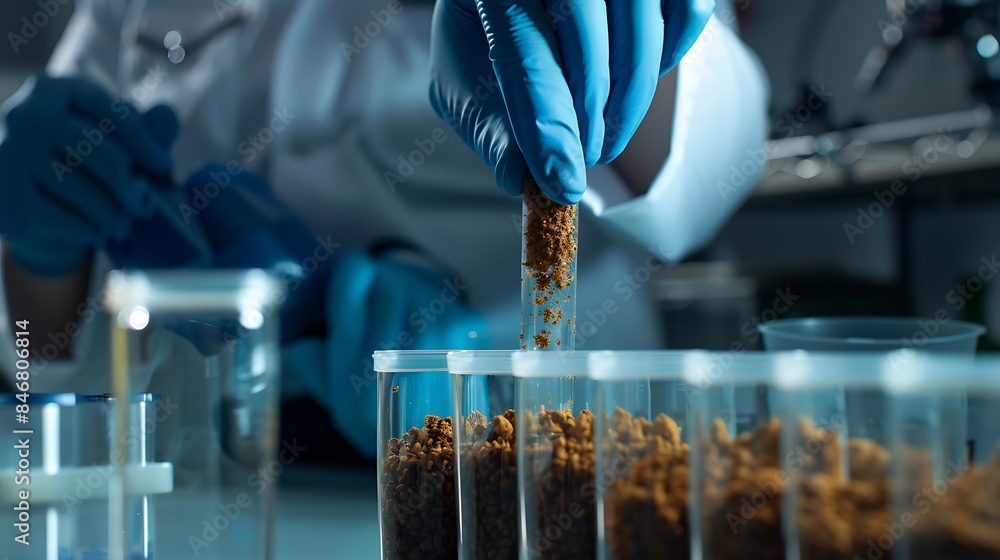 Scientist in lab coat analyzing soil sample in research laboratory ...
