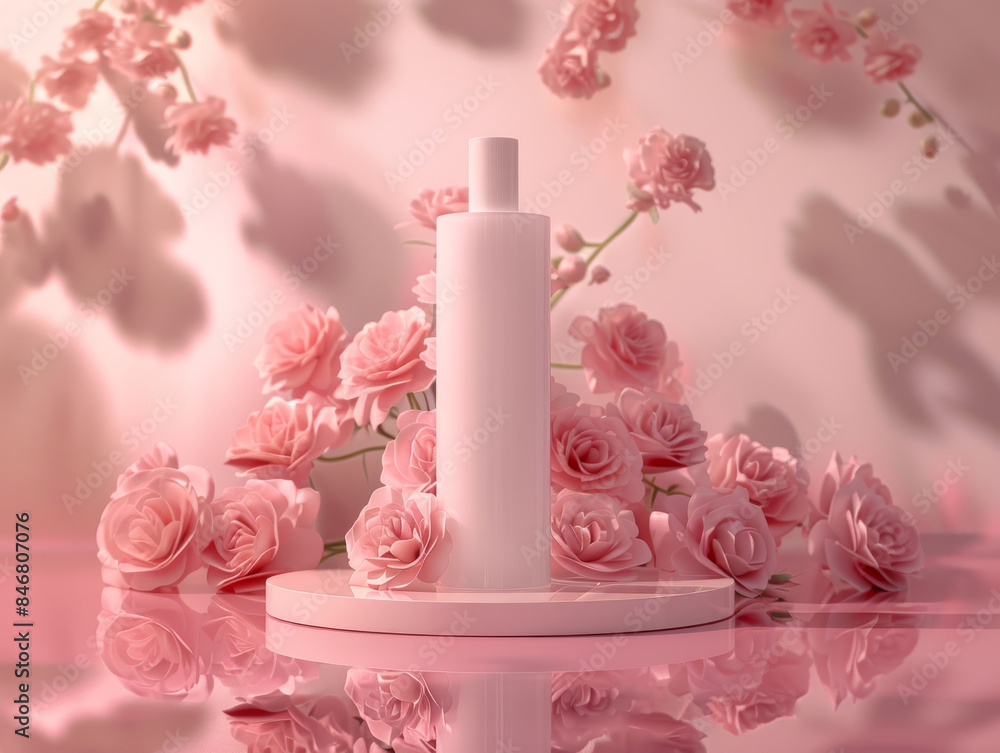 Ai Generated Art Mockup of White Unlabeled Bottle Container Against Reflective Dust Pink Background With Soft Shadows and Pink Roses in the Background Ai Generated Art Mockup of White Unlabeled Bottle Container Against Reflective Dust Pink Background With Soft Shadows and Pink Roses in the Background