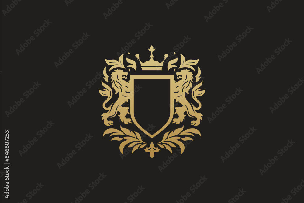 Logo design of a heraldic shield with lions on the sides. Logo design of a heraldic shield with lions on the sides.