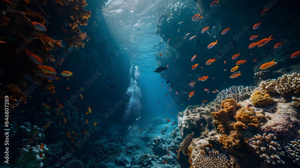 Fototapeta premium Beautiful underwater scenery with various types of fish and coral reefs Generative AI