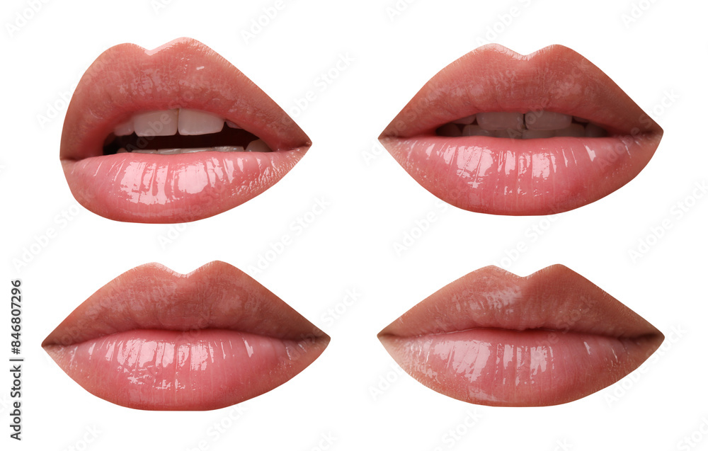 Obraz premium Beautiful female lips with bright makeup on white background, collage of photos