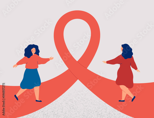 Women support woman in her fight against breast cancer. Help and care about females with oncology and HIV illnesses. Two girls reach out to each other and walk along the pink ribbon. Vector
