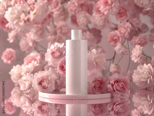Ai Generated Art Mockup of White Unlabeled Bottle Container Centered on Reflective Blush Pink Background  and Pink Roses in the Background