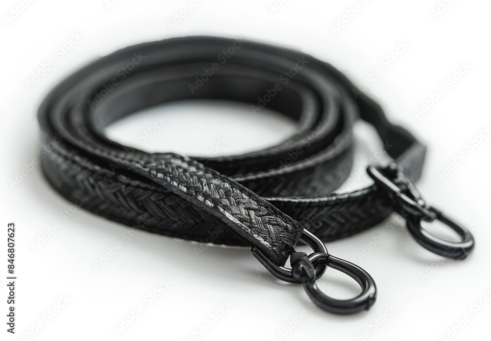 A black leather belt with a silver buckle is laid out on a white surface. A black leather belt with a silver buckle is laid out on a white surface.