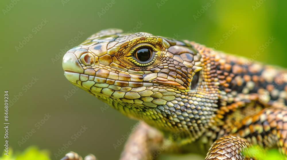 Lizard on Green Background, Macro Shot, Detailed Image

