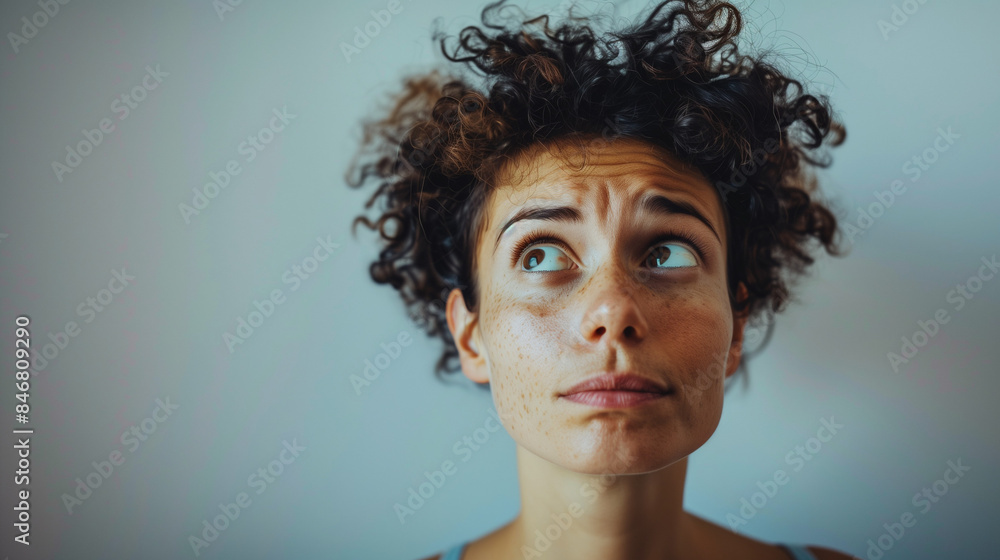 Woman with Anxious Expression on Blue Wall Background Woman with Anxious Expression on Blue Wall Background
