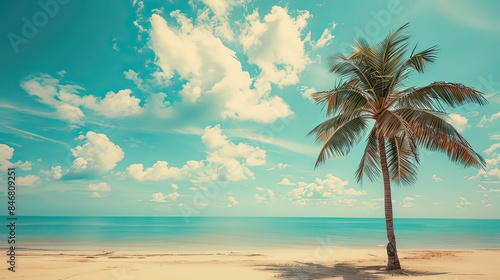 Palm tree on tropical beach with blue sky and white clouds abstract background. Copy space of summer vacation and business travel concept. Vintage tone filter effect color style.