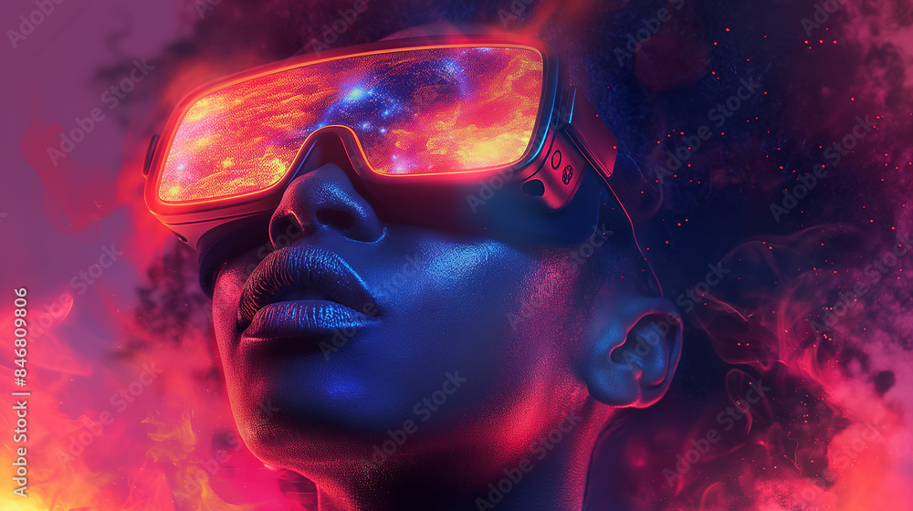 Woman in VR glasses in neon space, digital art illustration