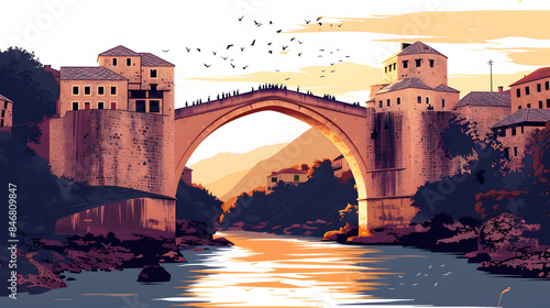 sunset view of the old mostar bridge in bosnia and herzegovina isolated on white background, png photo