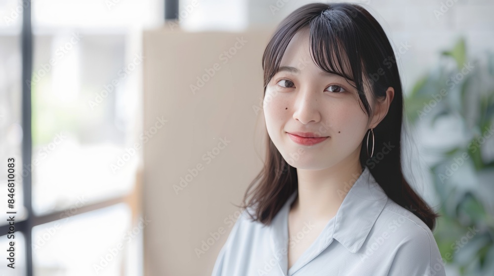 Happy young woman with short hair and casual attire standing indoors with natural light, plants in the background. Happy young woman with short hair and casual attire standing indoors with natural light, plants in the background.