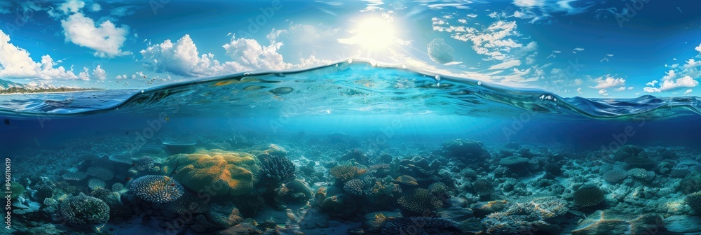 Sunlight breaks through the surface of the blue ocean, a sea with dark waters and a sandy bottom below. Air clouds, beautiful ripples of water. Sunlight breaks through the surface of the blue ocean, a sea with dark waters and a sandy bottom below. Air clouds, beautiful ripples of water.