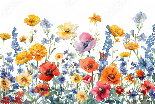 A vibrant array of summer flowers in a watercolor style on a white background