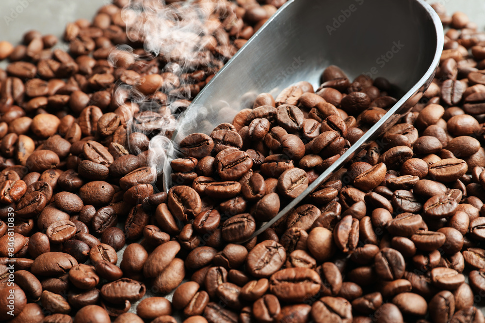 Fototapeta premium Freshly roasted coffee beans and scoop as background, closeup