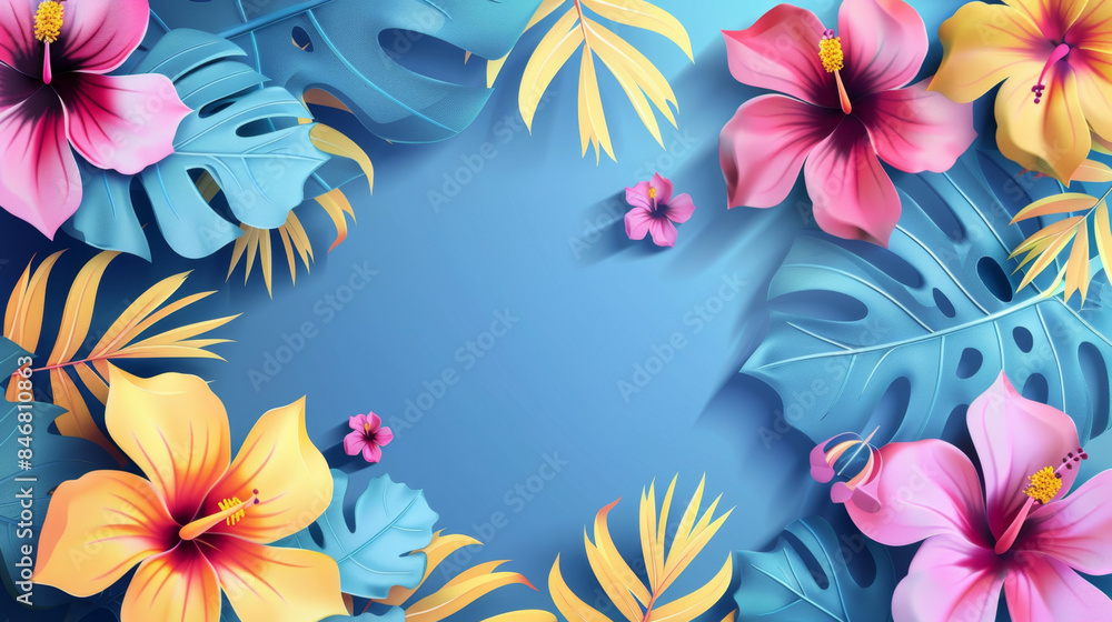 A vibrant illustration featuring pink and yellow hibiscus flowers and tropical palm leaves on a blue background, creating a lively exotic design. Tropical Hibiscus and Palm Leaves on Blue Background
A vibrant illustration featuring pink and yellow hibiscus flowers and tropical palm leaves on a blue background, creating a lively exotic design. Tropical Hibiscus and Palm Leaves on Blue Background