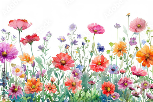 A vibrant array of summer flowers in a watercolor style on a white background