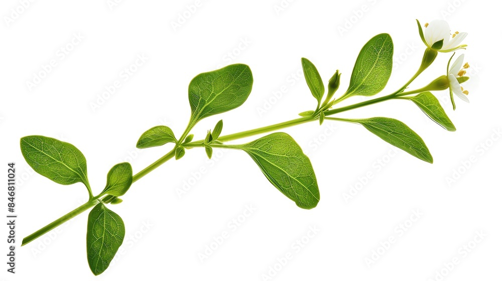 Close-up of a green plant with small white flowers on a white background, highlighting its fresh leaves and delicate petals. Close-up of a green plant with small white flowers on a white background, highlighting its fresh leaves and delicate petals.