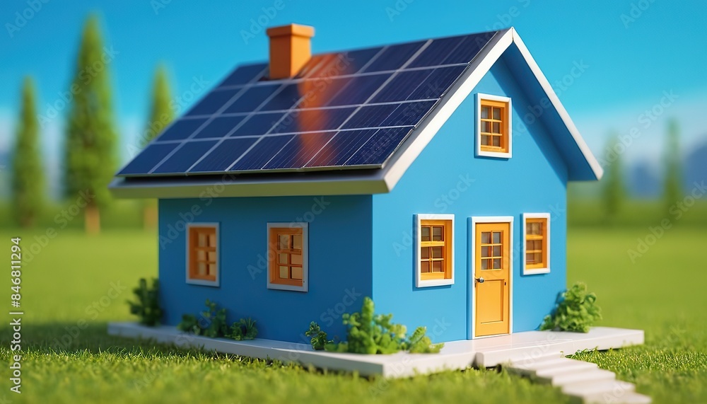 Blue house with solar panel roof for alternative ecofriendly electricity energy 