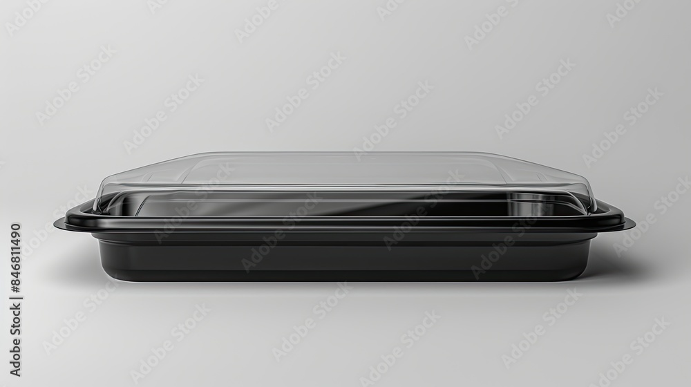 A mockup of black a plastic food packaging tray with a clear plastic cover. Packaging template mockup A mockup of black a plastic food packaging tray with a clear plastic cover. Packaging template mockup
